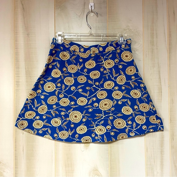 Patagonia Rare A-Line Denim Blue And Tan Floral Print Drawstring Minskirt Sz S - Picture 2 of 6